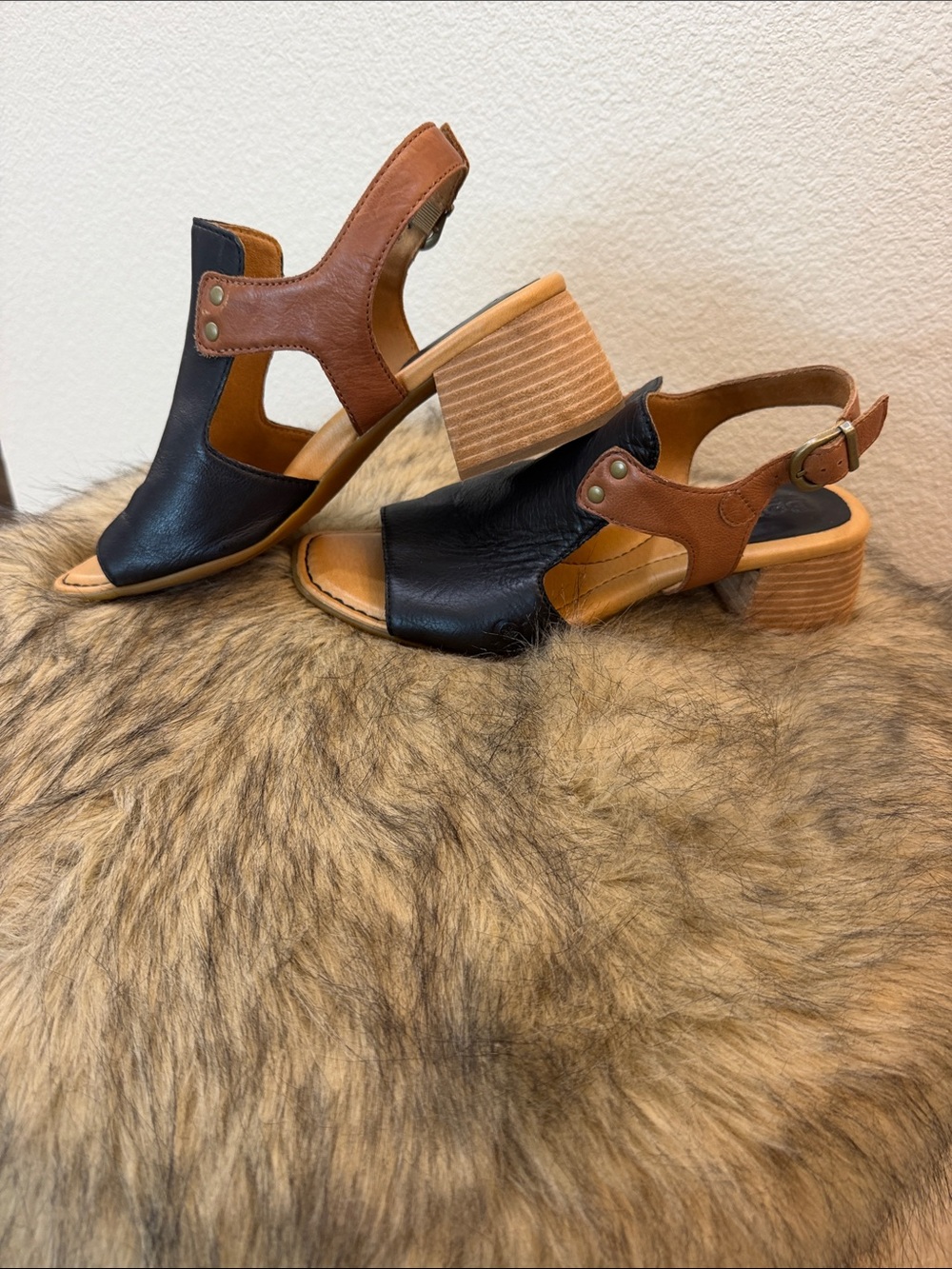 Born Two-Tone Black and Brown Leather Block Heel Sandals